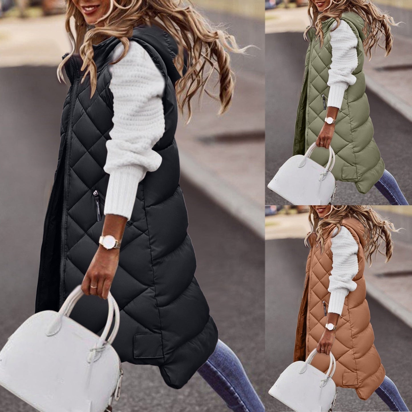 Adriana Long Puffer style hooded bodywarmer for women