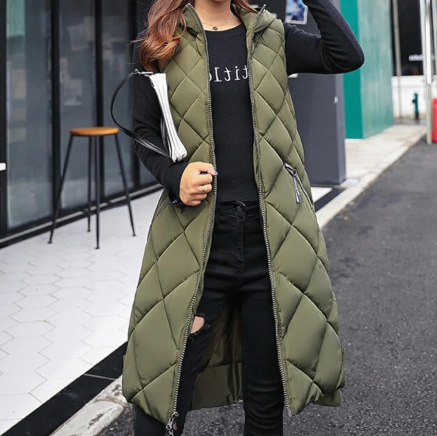 Adriana Long Puffer style hooded bodywarmer for women