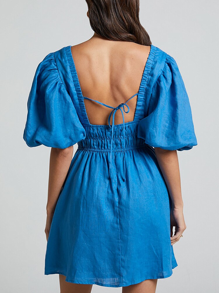 Aliene Blue Puff Sleeve Dress