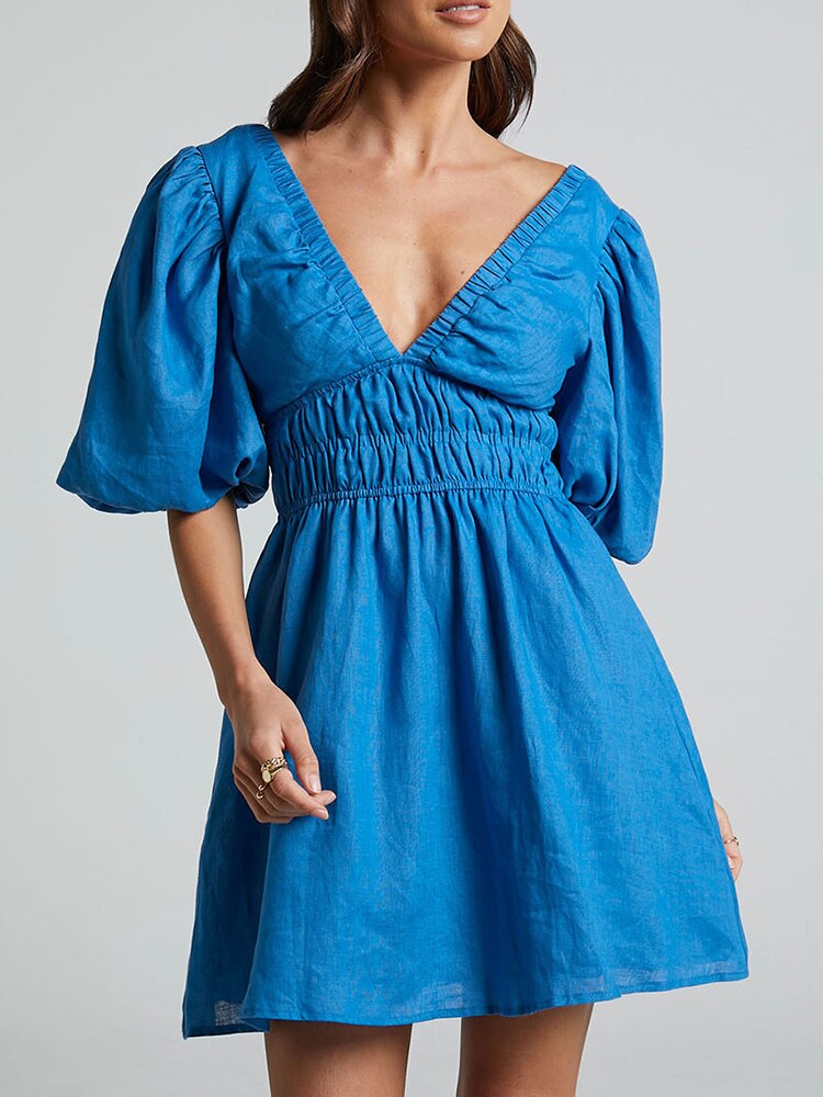 Aliene Blue Puff Sleeve Dress