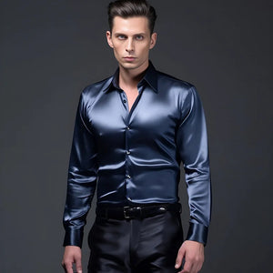 DAVID business style silk blue shiny lapel men's shirt