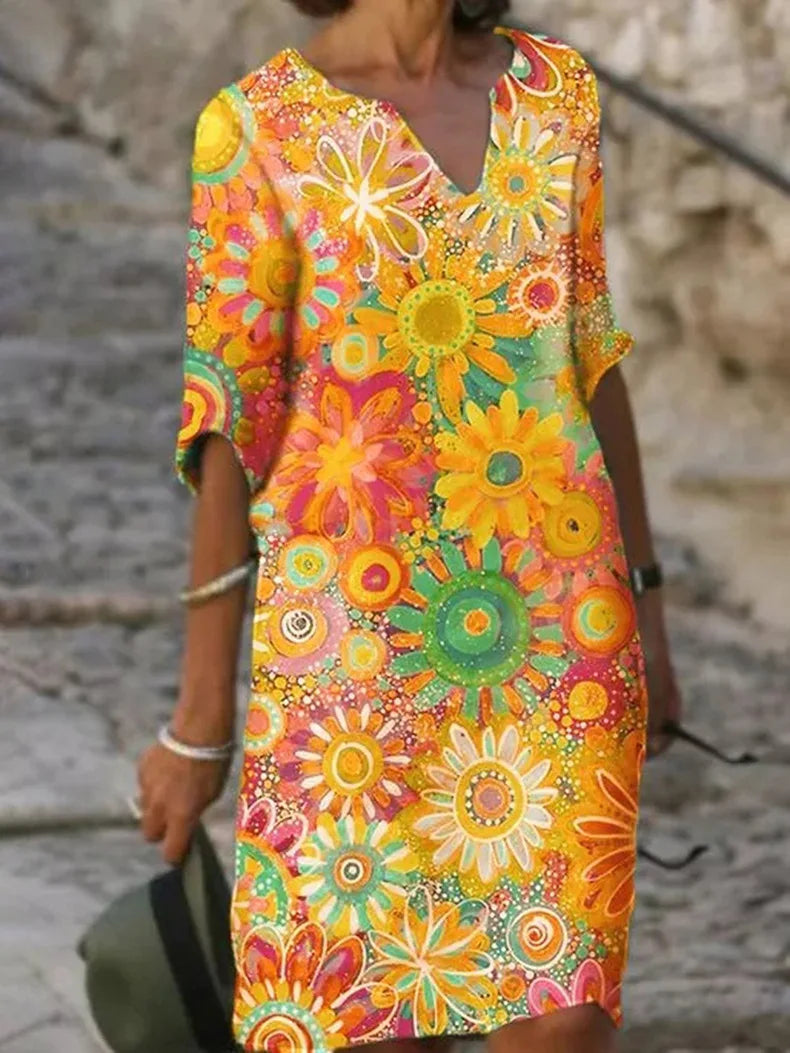 Jewel Floral Print Half Sleeve Summer Dress