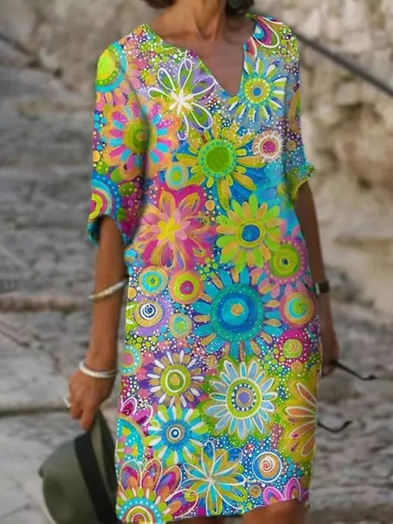 Jewel Floral Print Half Sleeve Summer Dress