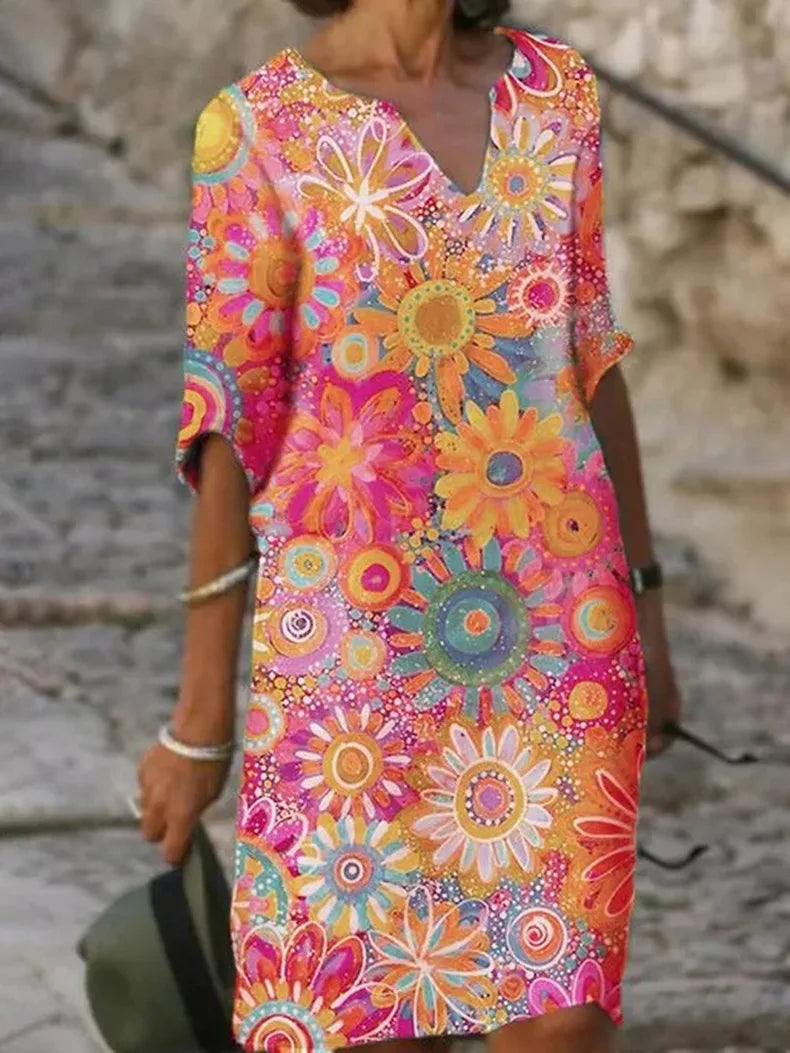 Jewel Floral Print Half Sleeve Summer Dress