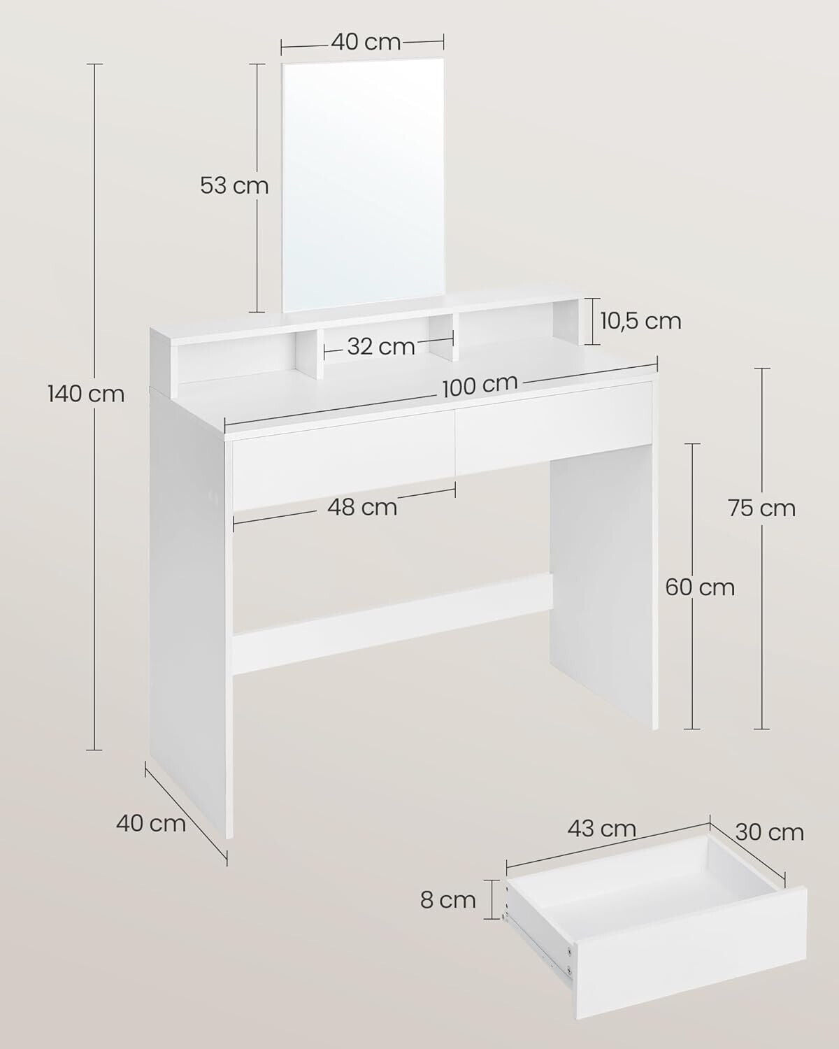 Make-up with Mirror for Schlafzimmer Frisiertisch 2 Schublades Modern F9